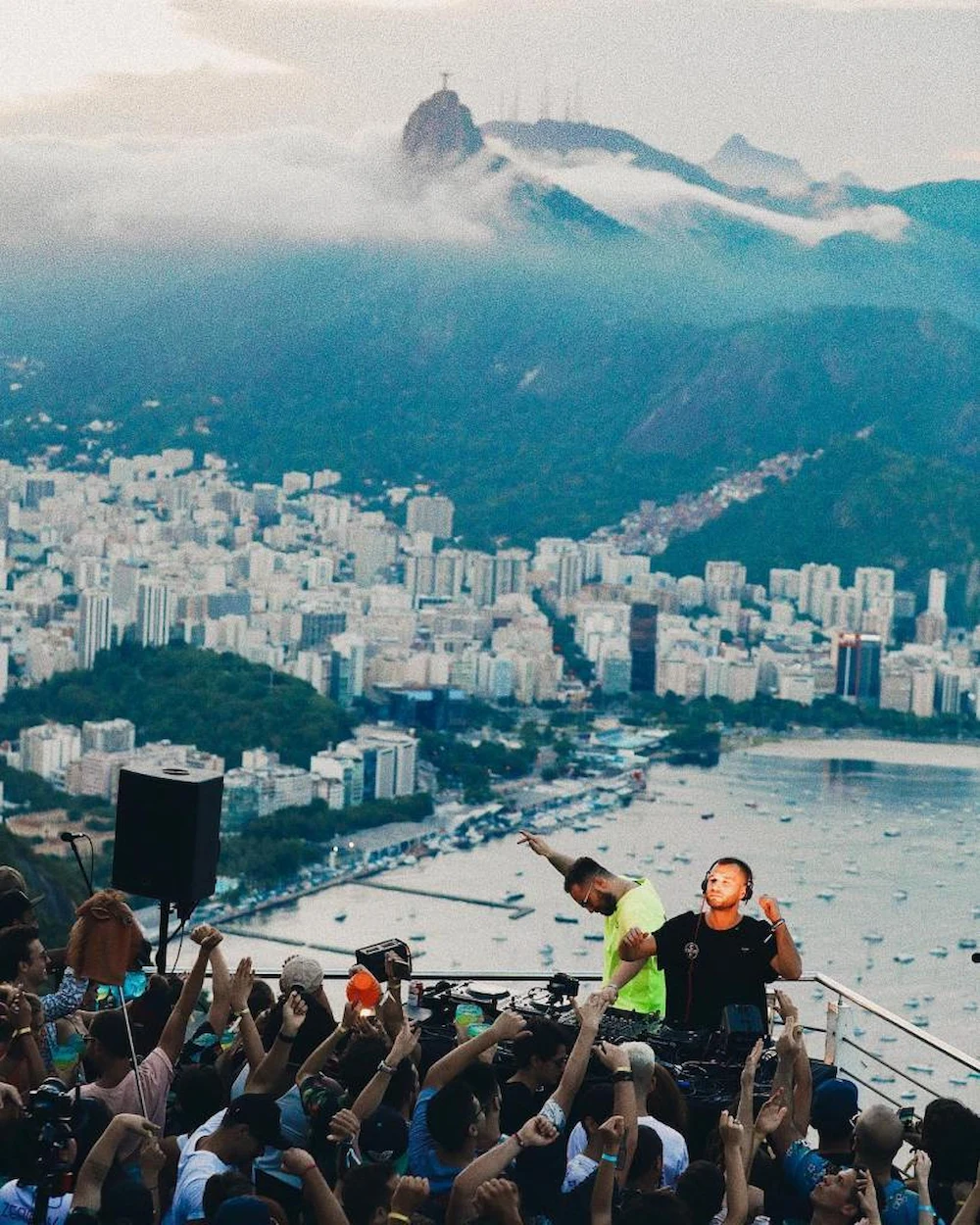 A Cercle DJ set on a clifftop high above Rio de Janeiro, with Christ the Redeemer and the bay visible in the distance.
