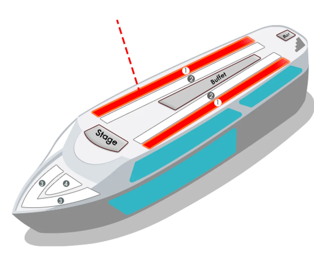 Deck plan of the Bangkok Chaophraya Cruise with the rooftop edge seats in red
