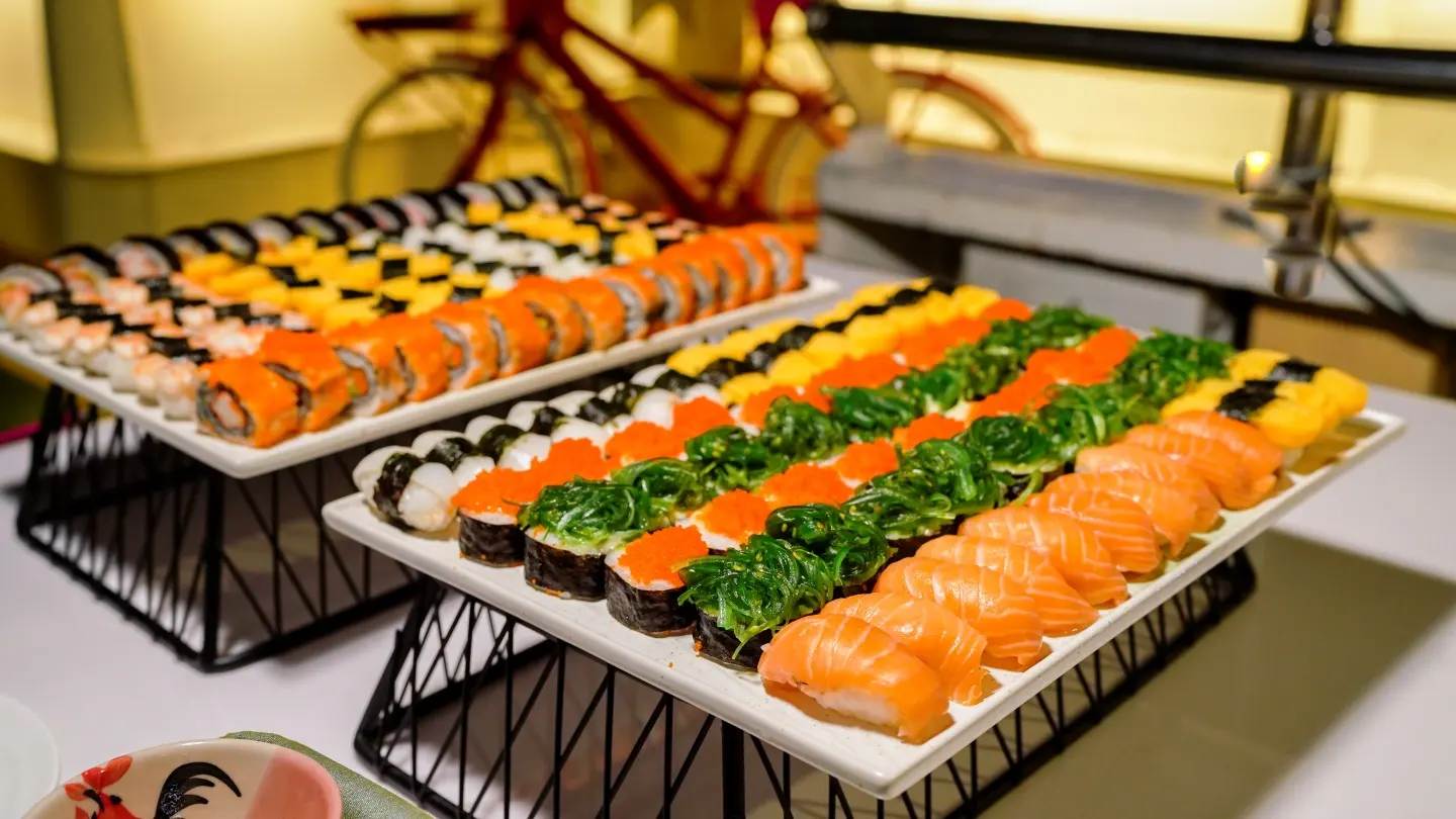 Sushi rolls and salmon nigiri on the Riverside cruise buffet