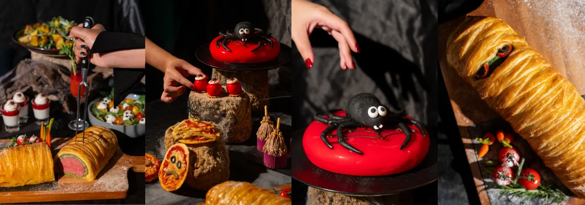 Halloween buffet dishes at Skyline, Avani+ Riverside Bangkok: a mummy-wrapped pastry, a red spider cake and eyeball desserts
