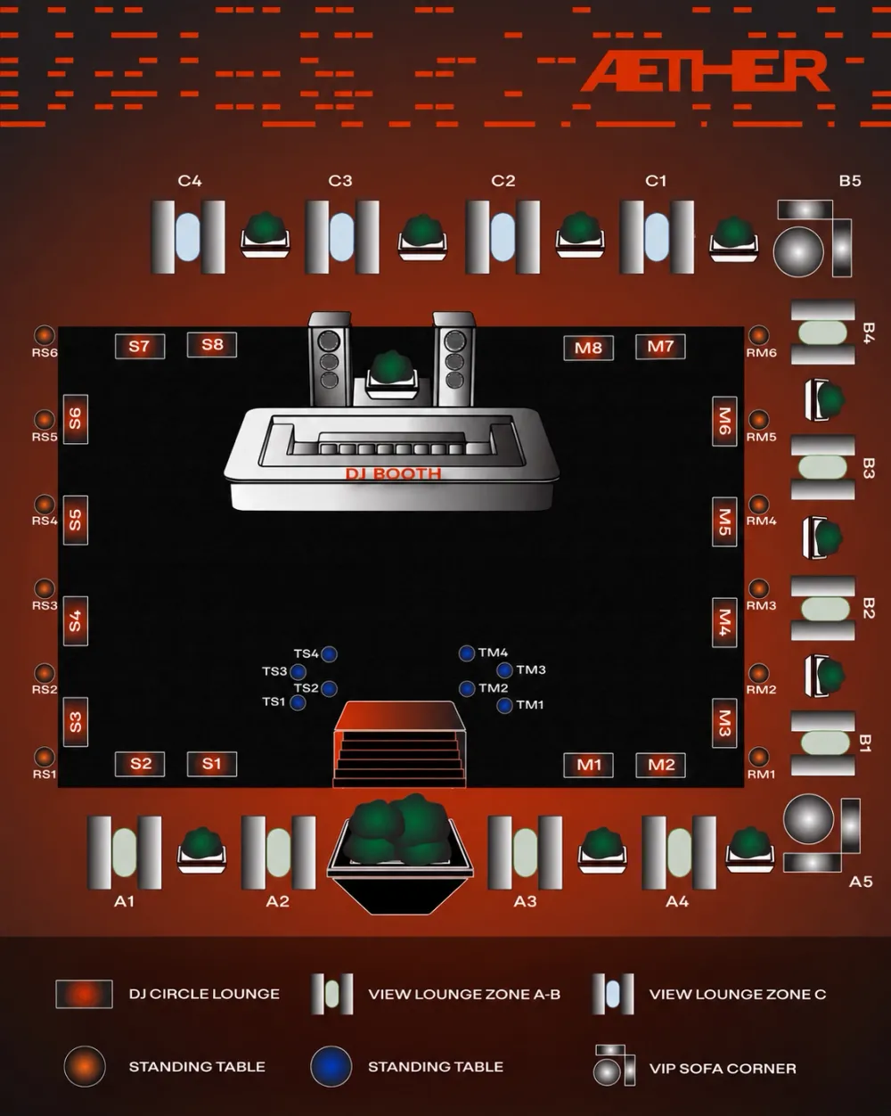 Aether Halloween seating plan: the DJ booth in the centre surrounded by DJ Circle Lounge tables, standing tables, View Lounge zones A, B and C along the edges and two VIP Sofa Corners
