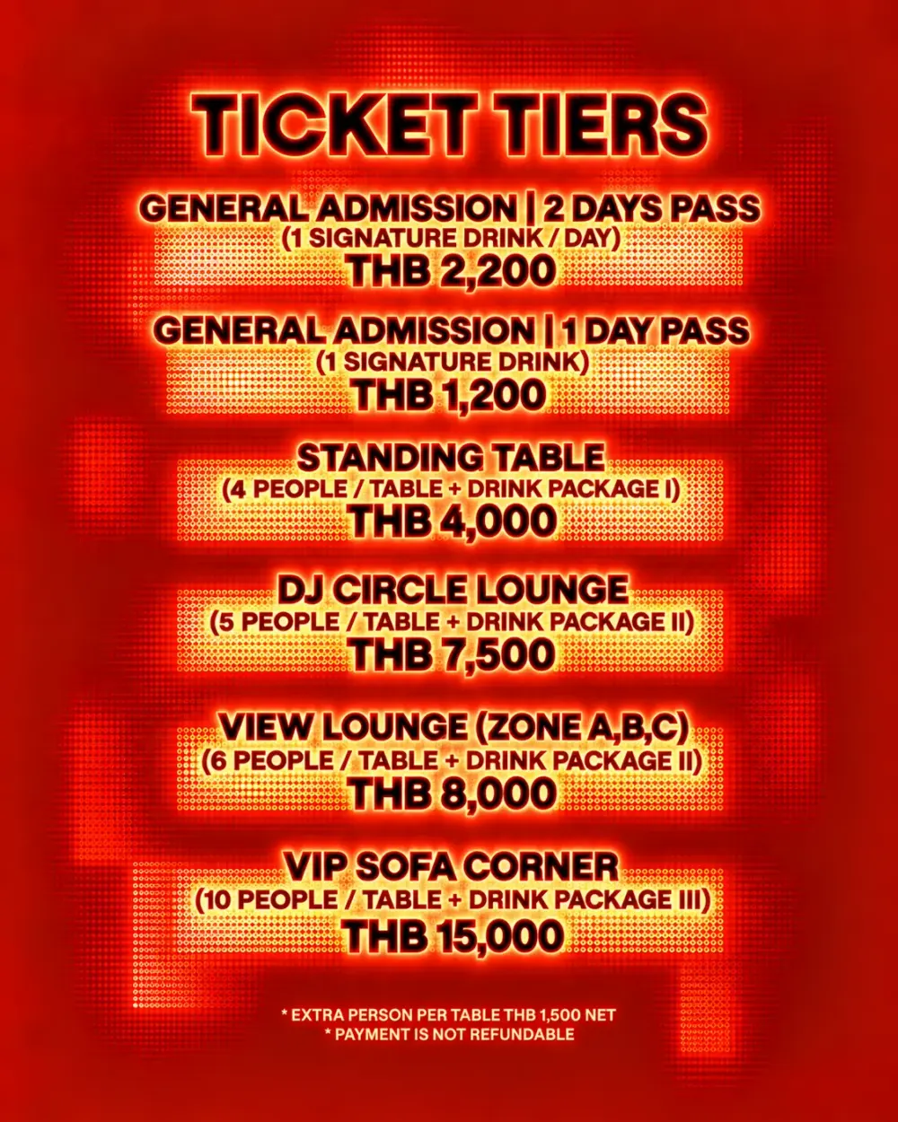Aether Halloween ticket tiers: 2 Days Pass 2,200 THB, 1 Day Pass 1,200 THB, Standing Table for 4 at 4,000 THB, DJ Circle Lounge for 5 at 7,500 THB, View Lounge zones A, B and C for 6 at 8,000 THB, VIP Sofa Corner for 10 at 15,000 THB; extra person per table 1,500 THB net; payment not refundable
