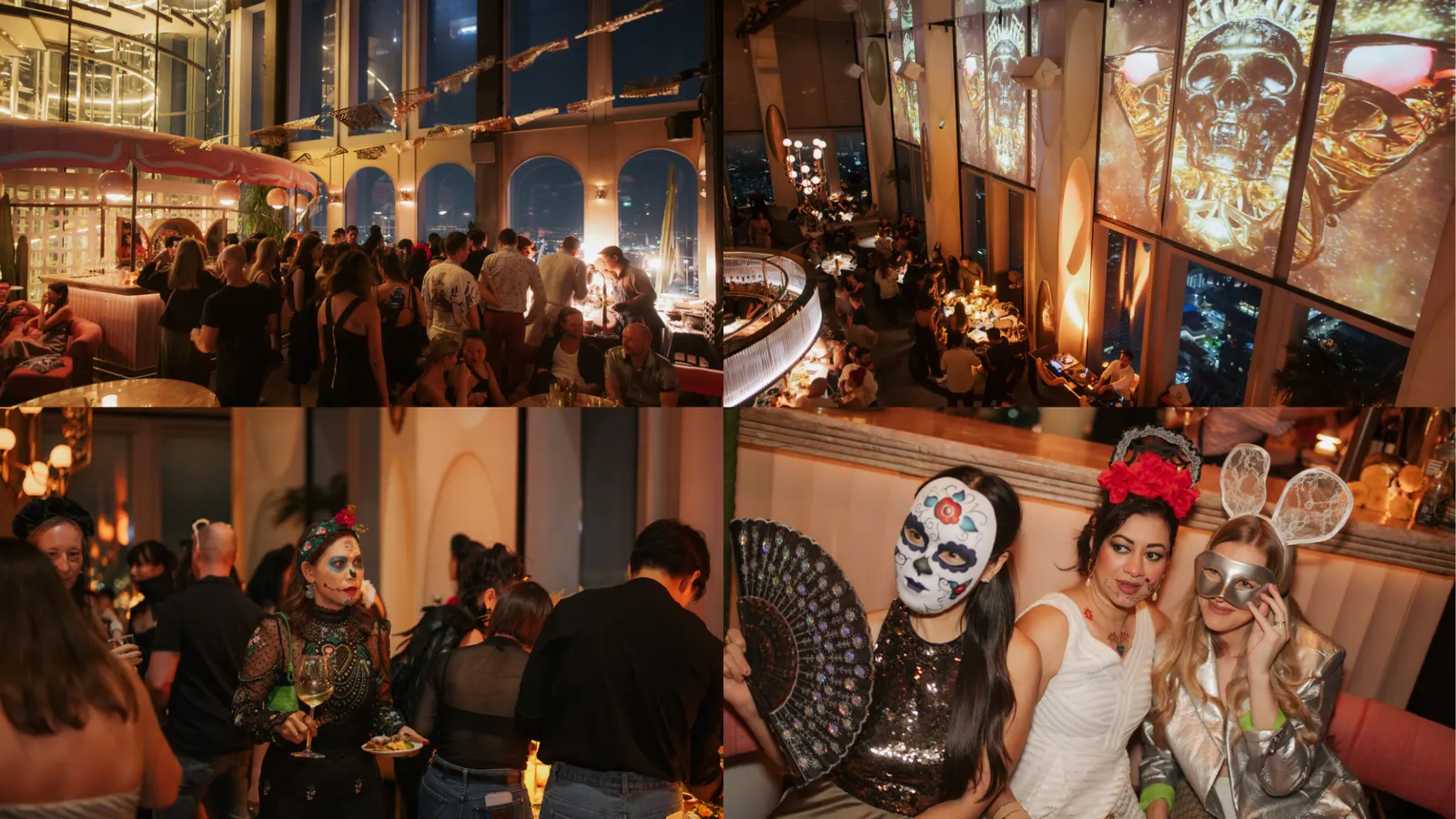 Guests in sugar-skull masks and painted faces at a Día de los Muertos night at Ojo, with a skull projected on the windows