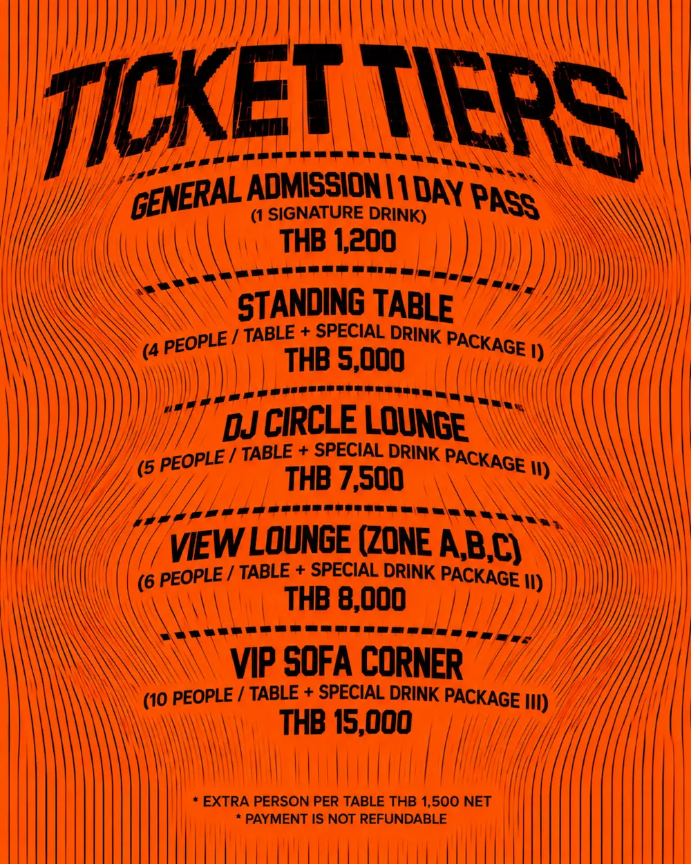 Gab Rhome at Aether ticket tiers: General Admission 1 Day Pass 1,200 THB with one signature drink, Standing Table for 4 at 5,000 THB, DJ Circle Lounge for 5 at 7,500 THB, View Lounge zones A, B and C for 6 at 8,000 THB, VIP Sofa Corner for 10 at 15,000 THB; extra person per table 1,500 THB net; payment not refundable