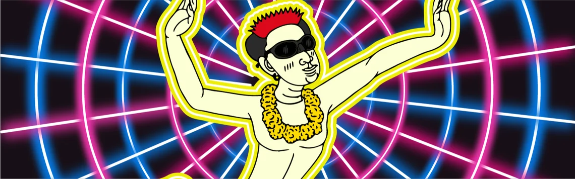 KHAO BIT artwork: a cartoon Thai dancer with a red mohawk, sunglasses and a marigold garland, arms raised against pink and blue neon circles