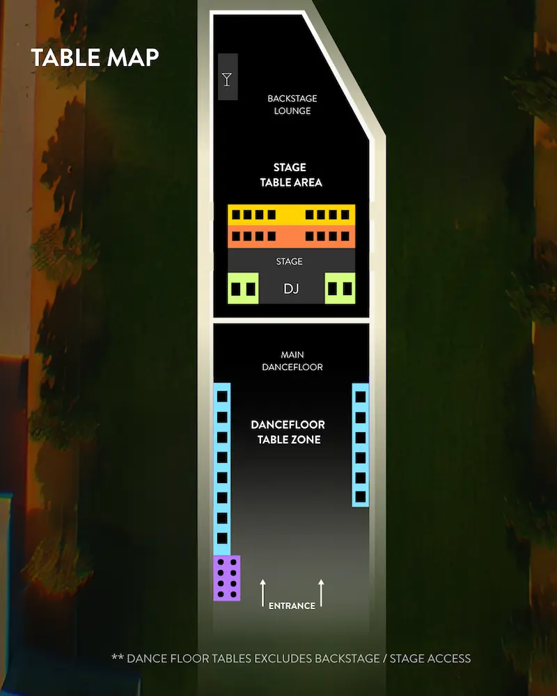 Kolour 15 Years table map: backstage lounge and stage table area behind the DJ, VVIP boxes either side of the stage, then the main dance floor lined with dance floor tables, high chairs near the entrance