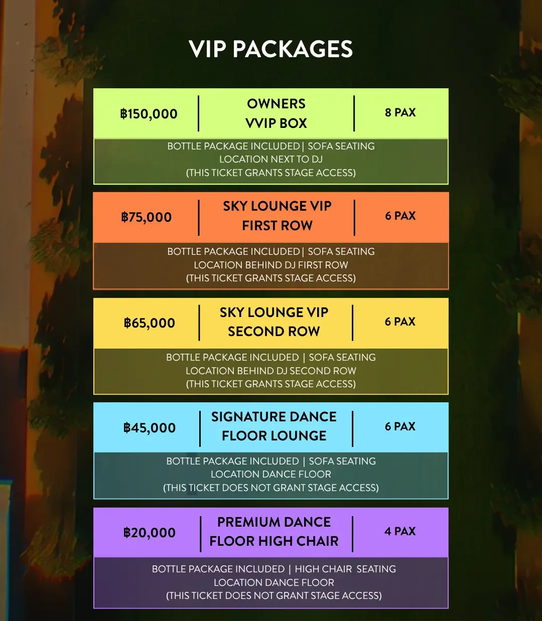 Kolour 15 Years VIP packages: Owners VVIP Box 150,000 THB for 8, Sky Lounge VIP First Row 75,000 THB for 6, Sky Lounge VIP Second Row 65,000 THB for 6, Signature Dance Floor Lounge 45,000 THB for 6, Premium Dance Floor High Chair 20,000 THB for 4