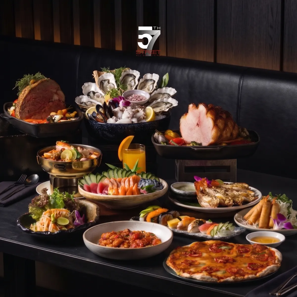A buffet spread at 57th Street Restaurant, Bangkok Marriott Hotel Sukhumvit, with roast beef, oysters, sashimi, grilled lobster and roast pork