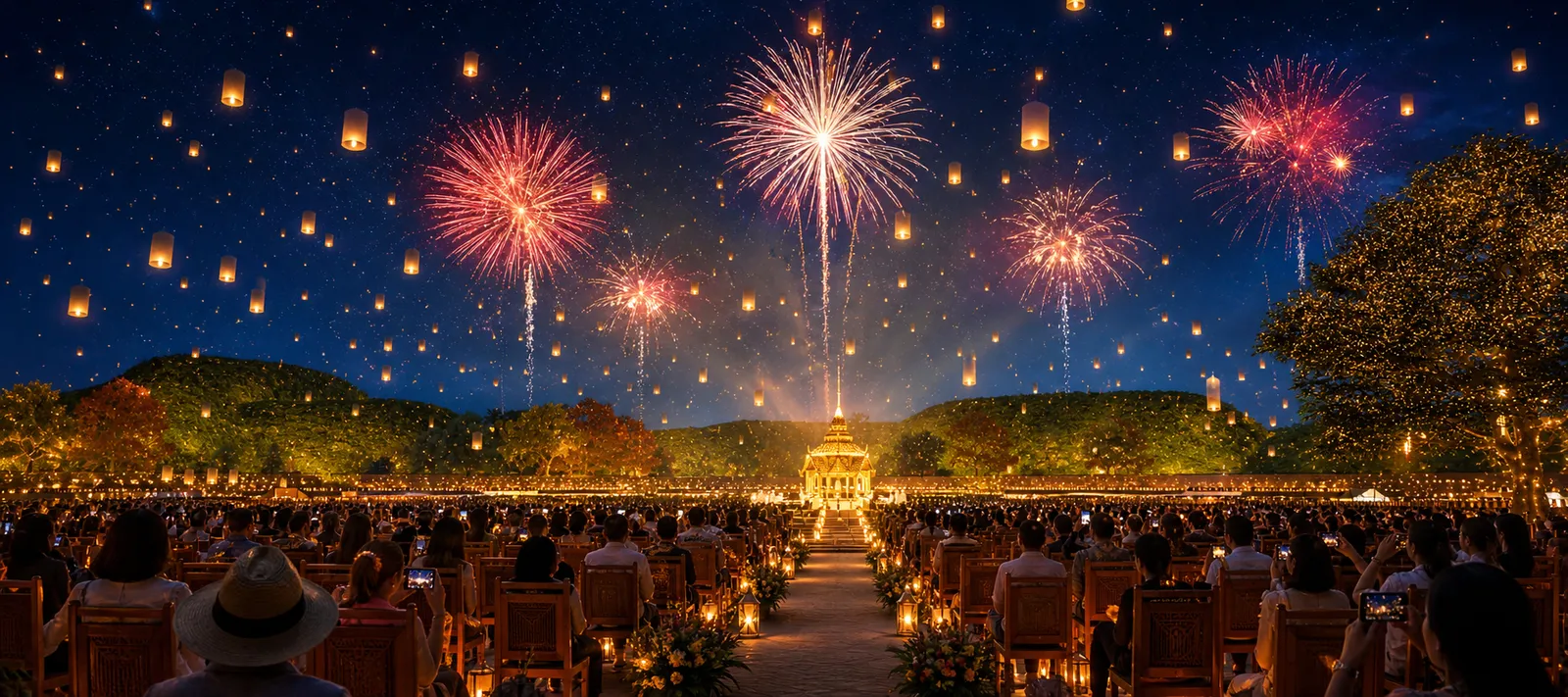 Fireworks and thousands of lanterns over the lit Sky of Wishes arena at night, a crowd filling every zone, as pictured by the organiser