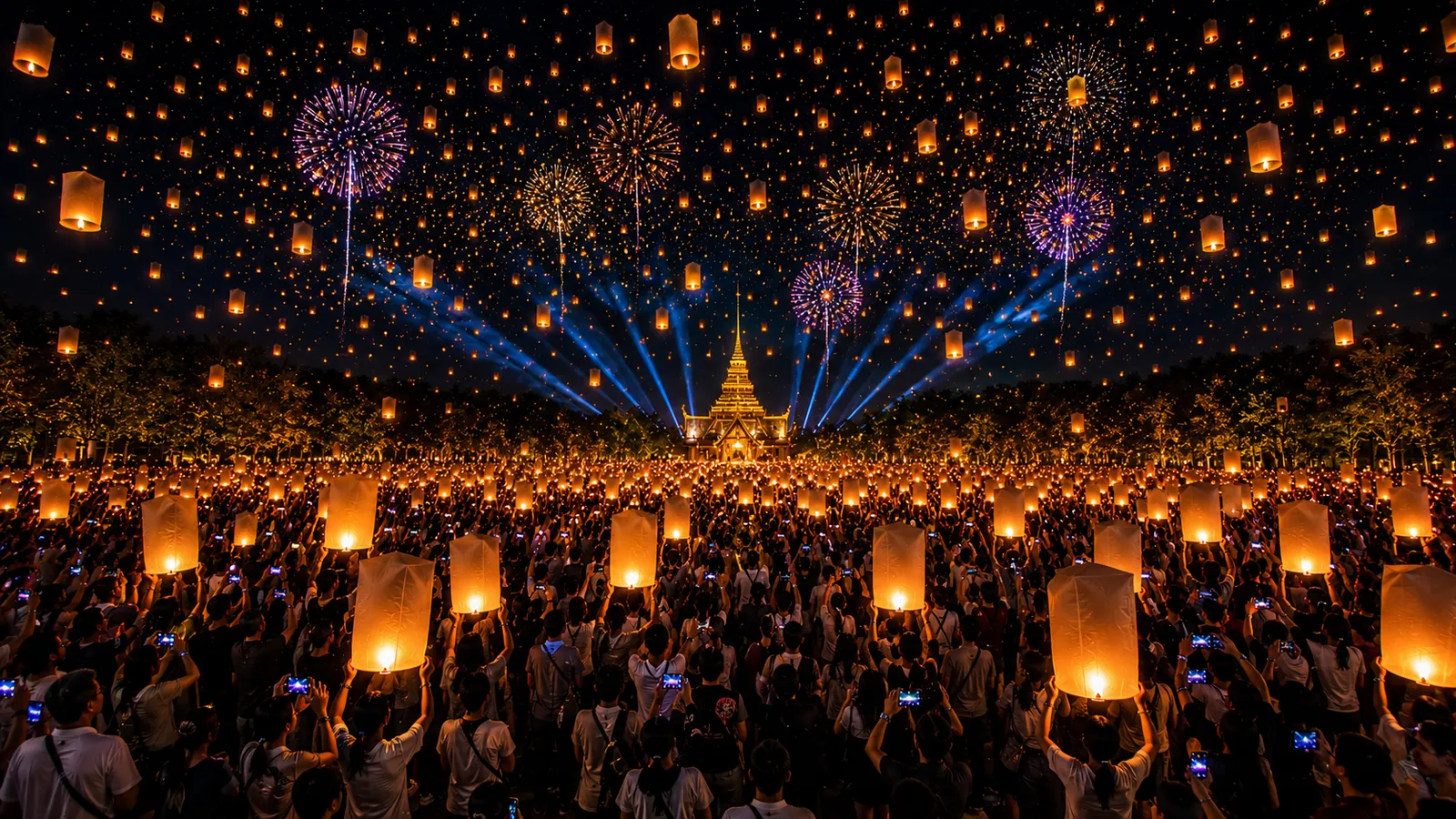 The Sky of Wishes arena seen from above at night, thousands of lit lanterns in the hands of the crowd around a golden pagoda, as pictured by the organiser