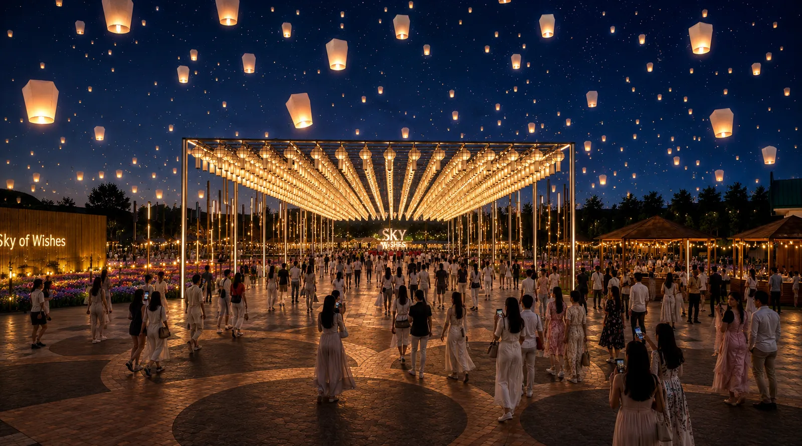 Guests gathered under a wide canopy of hanging lights, lanterns rising into the night sky above the ceremony zone, as pictured by the organiser