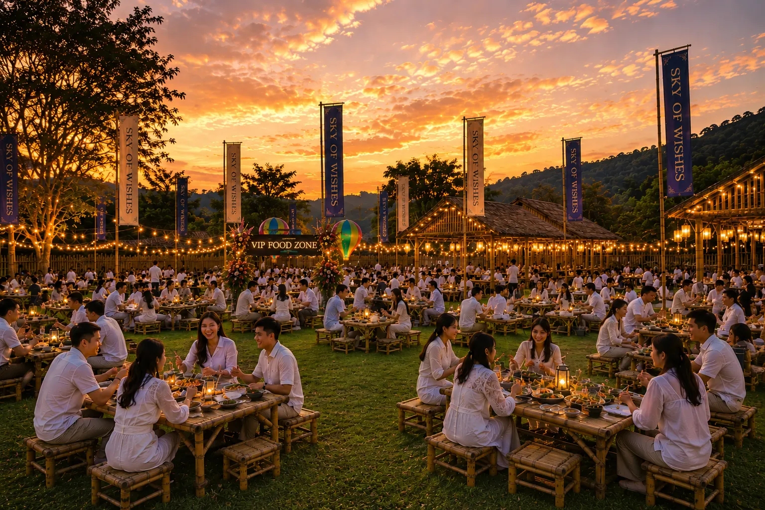 Guests at long tables under paper lanterns and tall festival banners on a lawn at sunset, the dining zone of Sky of Wishes as pictured by the organiser