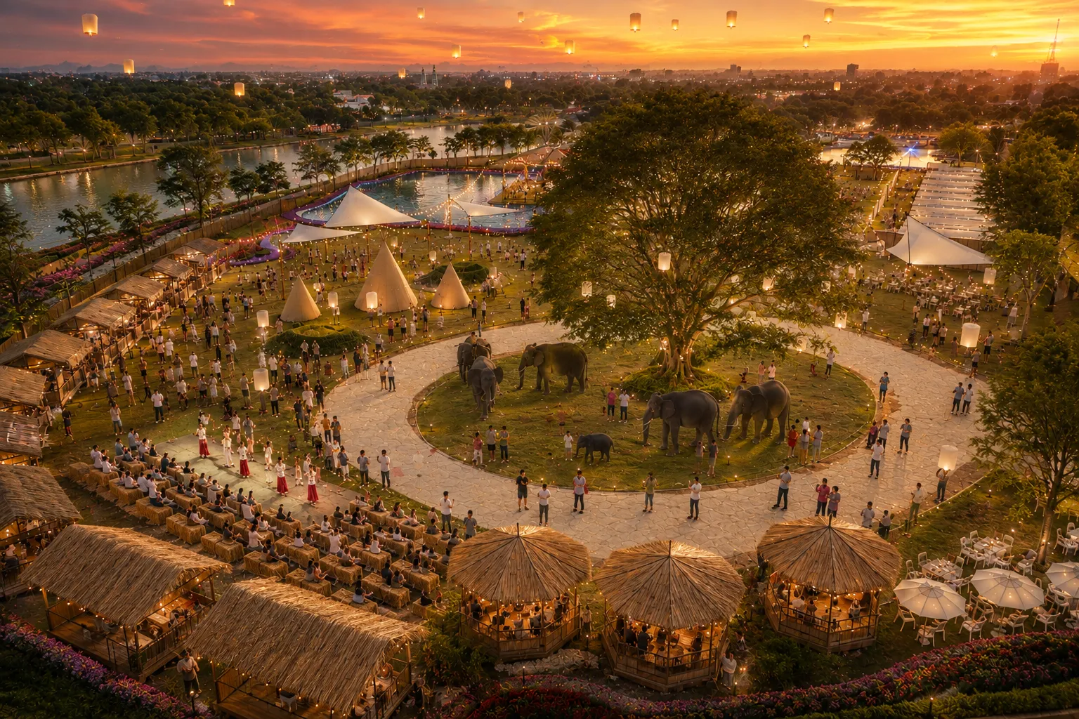 The Sky of Wishes festival grounds from the air at sunset, a lake, pavilions and hot air balloons among the trees, as pictured by the organiser