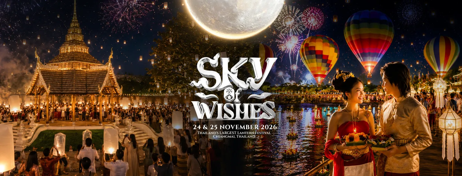 Sky of Wishes 2026 banner: a golden Lanna pavilion, a full moon, hot air balloons and a crowd in traditional dress releasing lanterns over the water, 24 and 25 November 2026, Chiang Mai