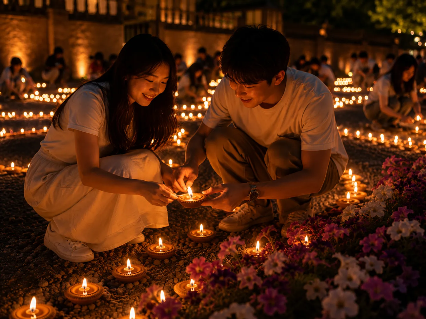A couple lighting the candles of a flower krathong among rows of lit candles at the water's edge