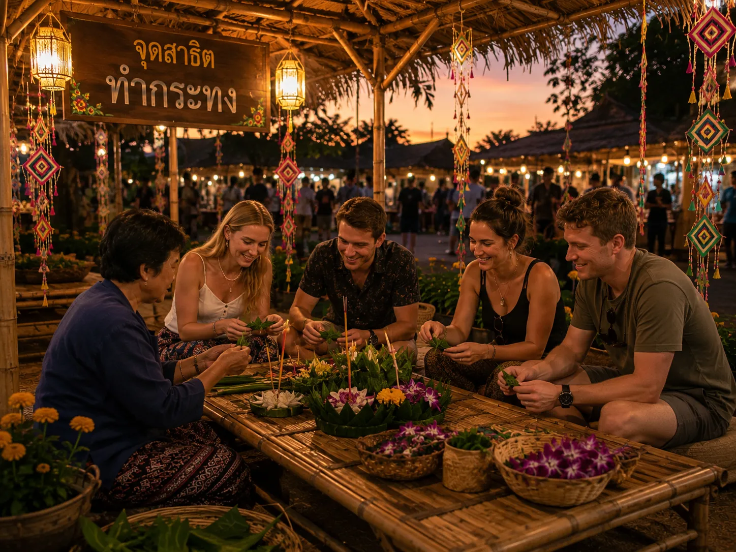 Visitors seated at a bamboo workshop stall folding banana leaves and flowers into krathong water lanterns