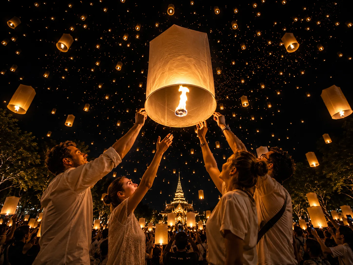 A couple in traditional Lanna dress holding a lit sky lantern between them, ready to let it go into a sky already full of lanterns