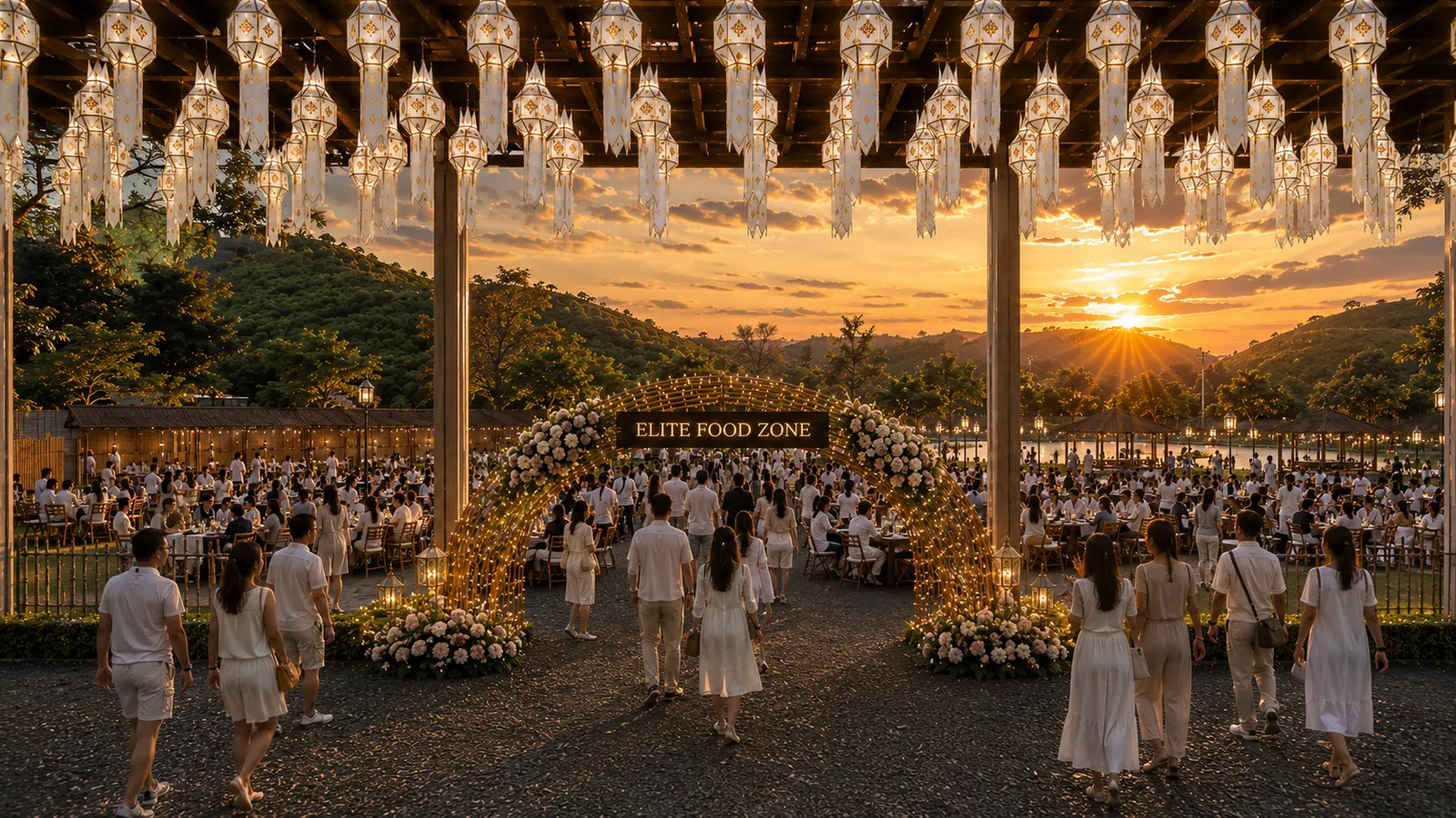 A walkway lined with hanging paper lanterns leading towards the festival stage at sunset, a Sky of Wishes render