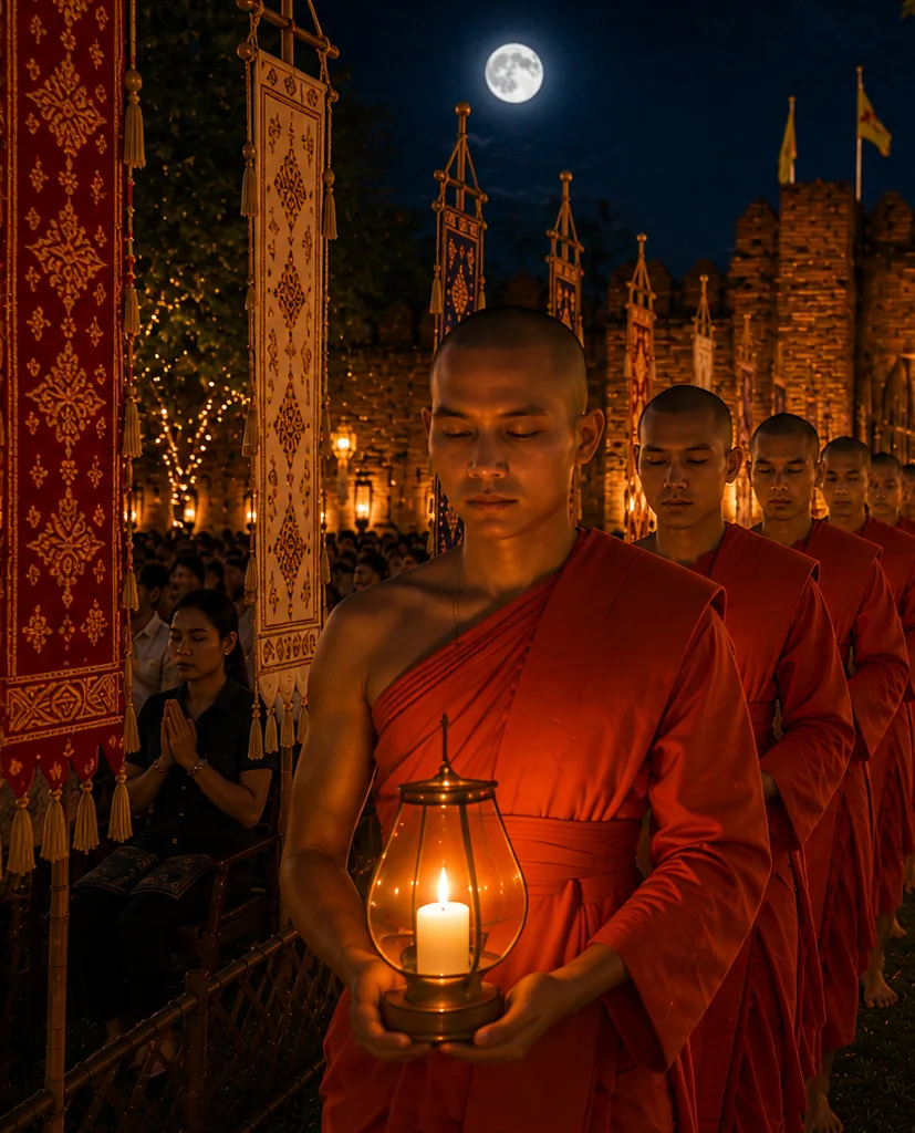 A monk in saffron robes holding a candle-lit lantern under a full moon, with the spires of a Lanna temple behind him