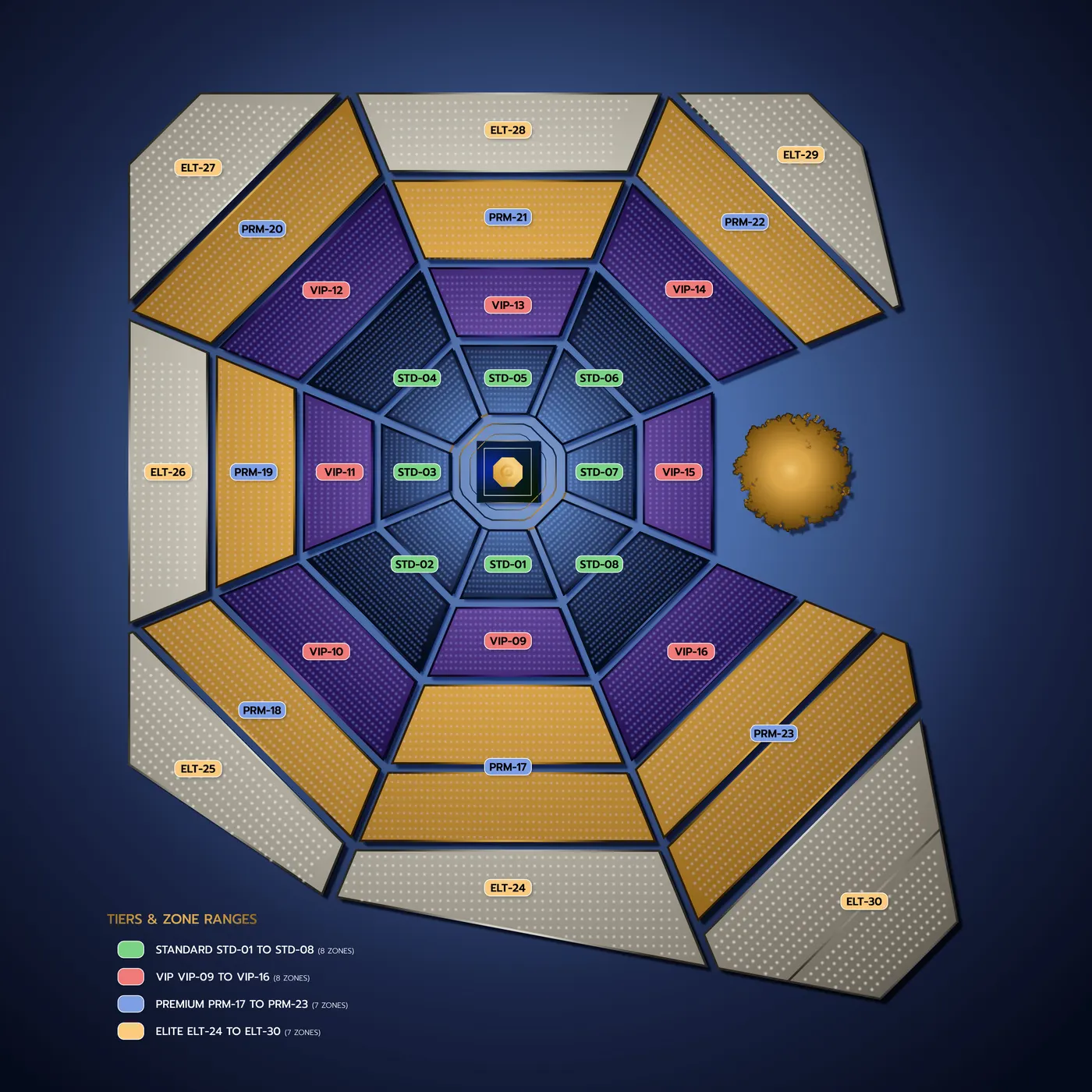 Sky of Wishes arena map: Standard zones STD-01 to STD-08 in the centre around the pagoda, VIP zones 09 to 16 around them, Premium zones 17 to 23 on the next ring and Elite zones 24 to 30 on the outer edge