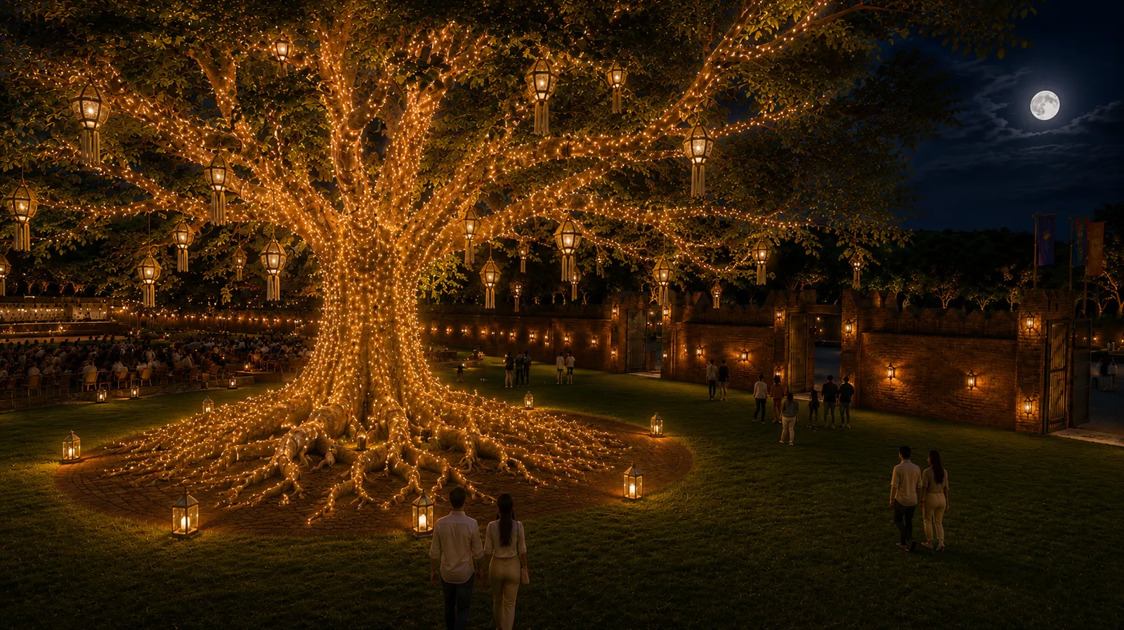 A giant tree sculpture made of golden lights on a lawn at night, visitors walking beneath it, a Sky of Wishes render