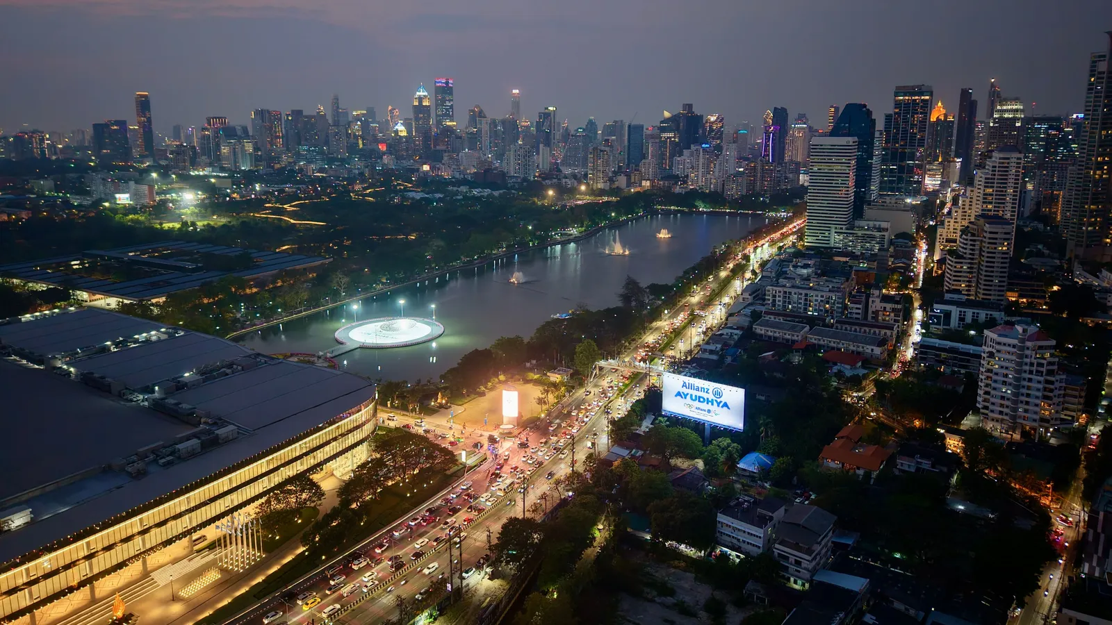 View from Amber Bar over Benjakitti Park and the Sukhumvit skyline at dusk, Bangkok