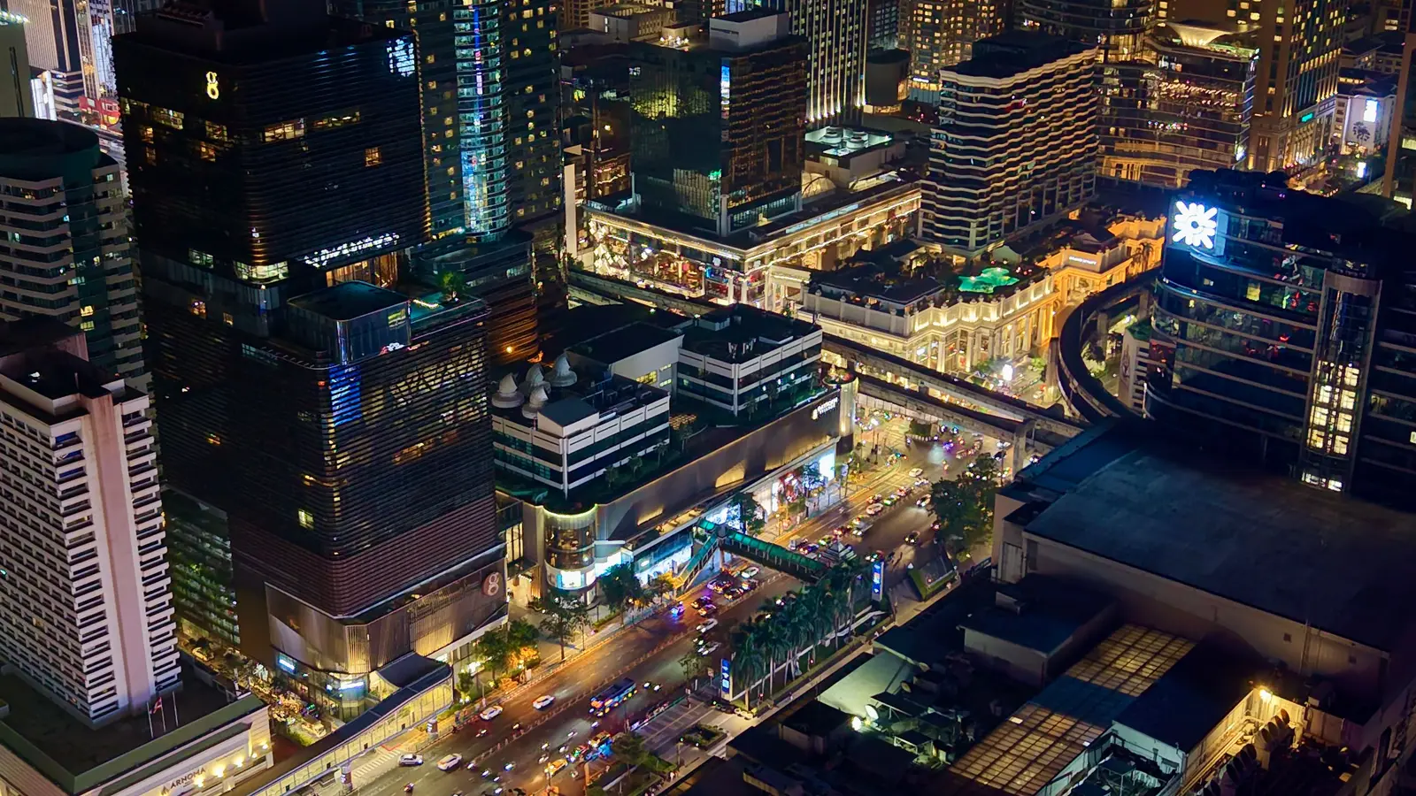 Night view of the Centara Grand at CentralWorld tower, home to Cocoa XO on the 57th floor, above Ratchaprasong in Bangkok
