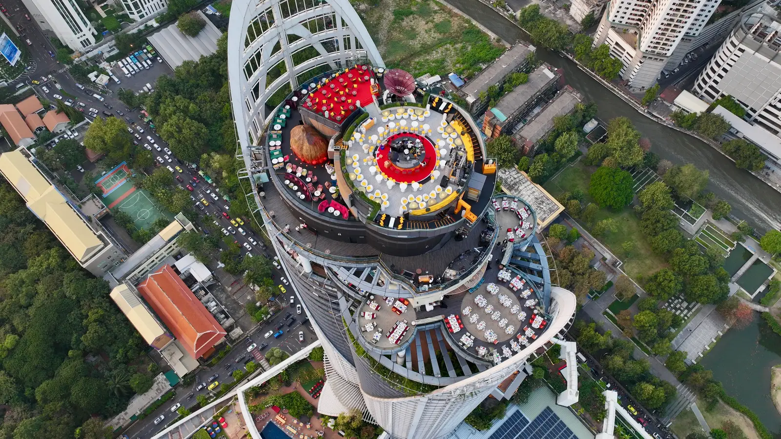 View of the crown of the Centara Grand tower at CentralWorld, home to CRU Champagne Bar on the 59th floor, Bangkok