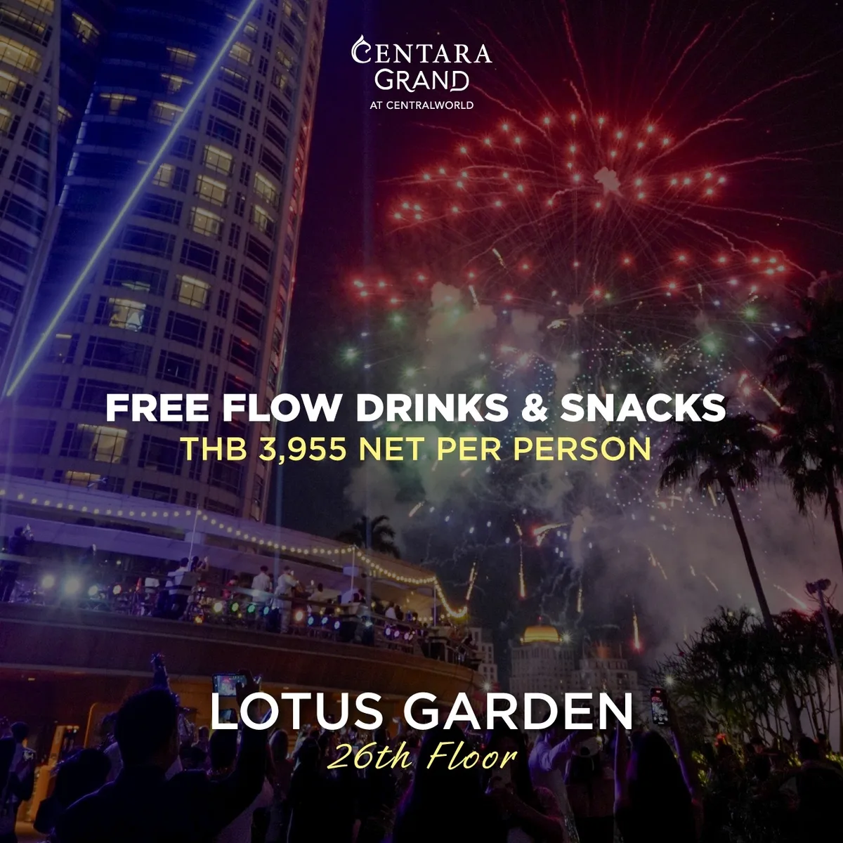 The hotel's flyer for Lotus Garden: New Year's Eve Countdown, ฿3,955 net per person
