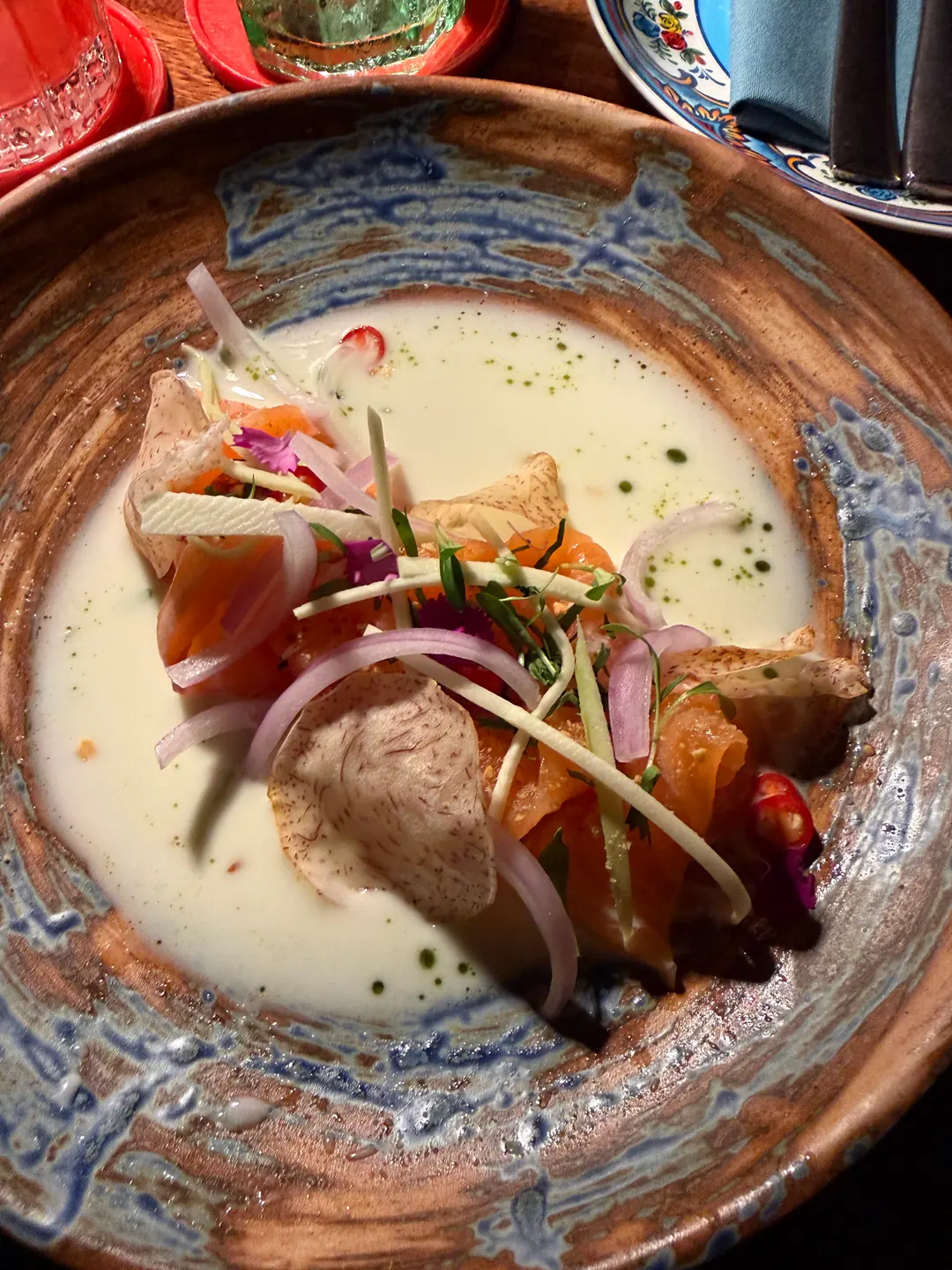 A plated starter from the Bar.Yard kitchen in a hand-painted bowl