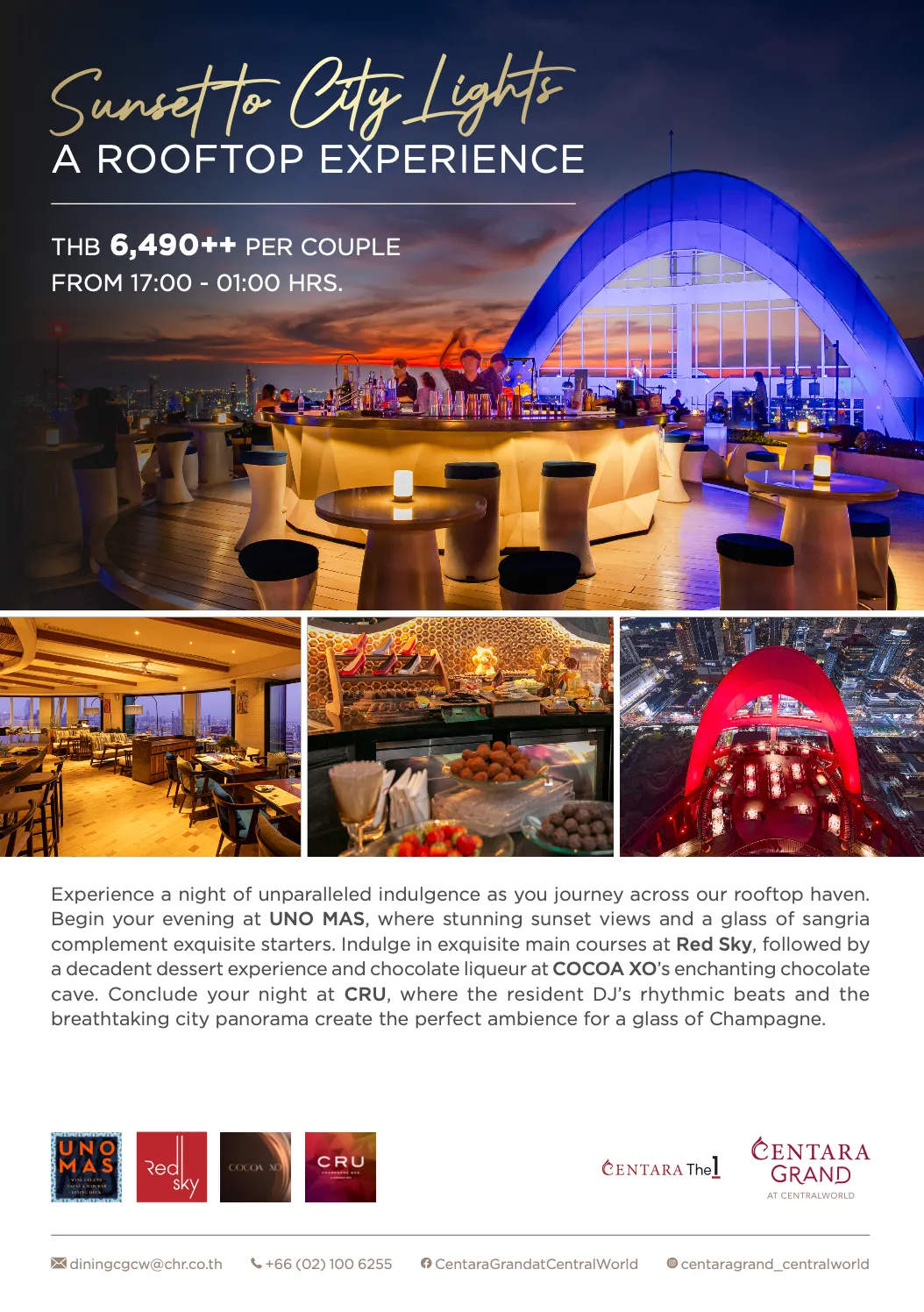 The full Sunset to City Lights poster, showing the four-stop rooftop journey across UNO MAS, Red Sky, Cocoa XO and CRU at Centara Grand